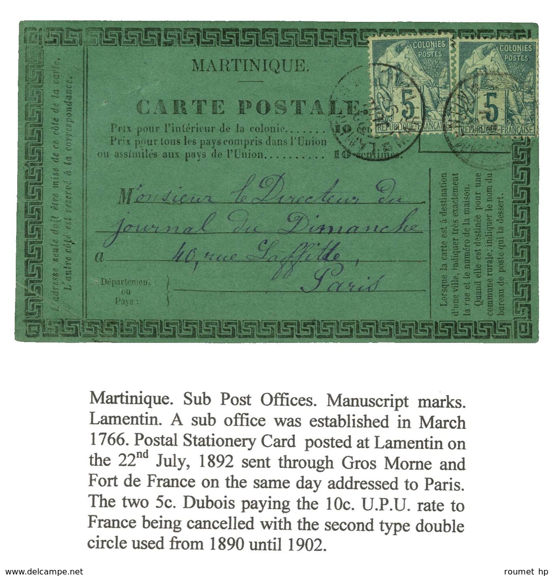 Càd * LAMENTIN * / MARTINIQUE / Col. Gen. N° 49 (2) Sur Carte Postale De La Martinique Adressée à Paris. 1892. - TB / SU - Maritime Post