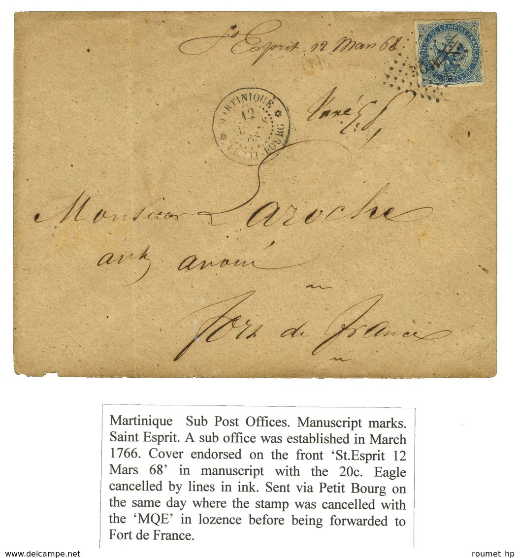 Losange MQUE Et Plume / Col. Gen. N° 4 Et Marque Manuscrite '' St Esprit 12 Mars 68 '' Càd * MARTINIQUE / PETIT BOURG Su - Maritime Post