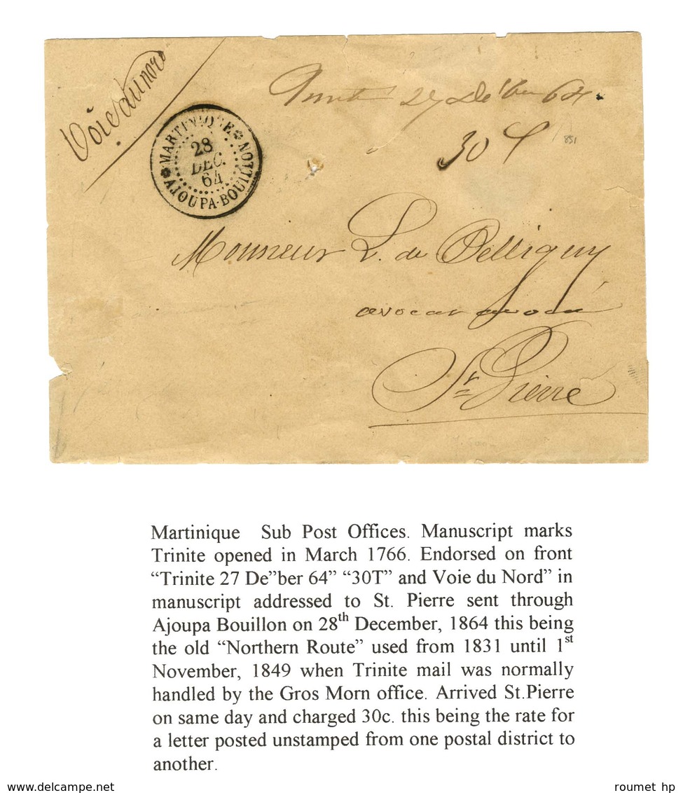 Marque Manuscrite '' Trinité 27 Déc. 64 '' Càd * MARTINIQUE / AJOUPA-BOUILLON 28 DEC. 64 Sur Lettre Pour St Pierre Taxée - Maritime Post