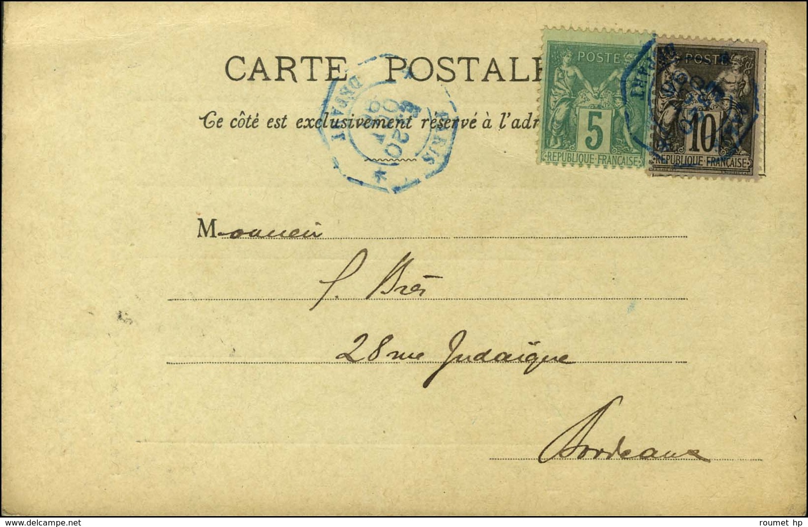 Càd Octo Bleu De Lev. Exp. * PARIS * / DEPART E3 / N° 75 + 89 Sur Carte Avec Repiquage Meyer. 1896. - TB. - R. - Other & Unclassified