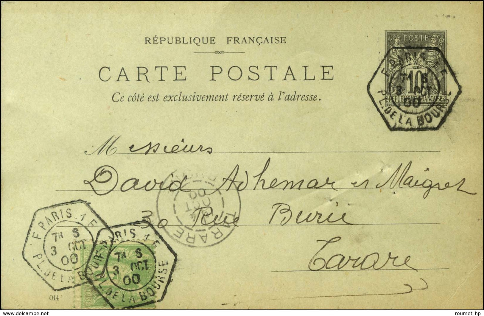 Càd Hexa De Lev. Exp. F PARIS 1F / PL. DE LA BOURSE Sur Entier 10c + N° 102 Pour Tarare. 1900. - SUP. - R. - Andere & Zonder Classificatie