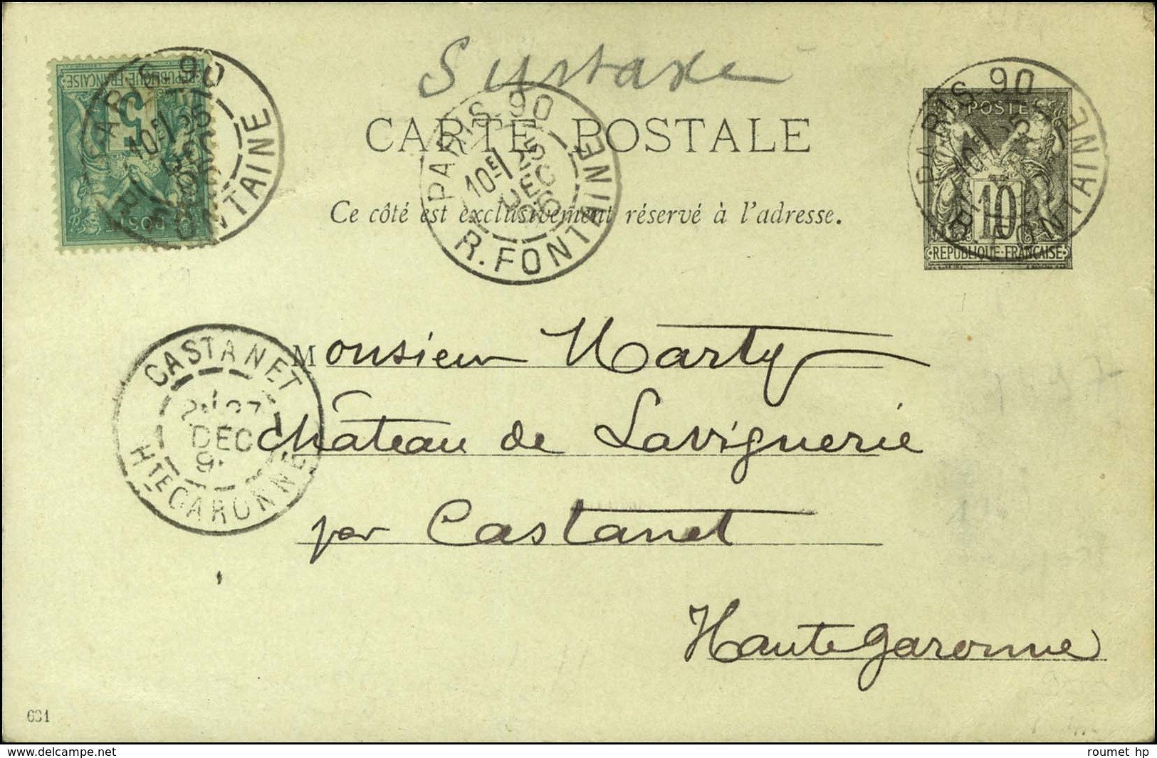 Càd De Lev. Exp. PARIS 90 / R. FONTAINE 10e Sur Entier 10c + N° 75. Mention Manuscrite '' Surtaxe ''. 1896. - SUP. - R. - Andere & Zonder Classificatie