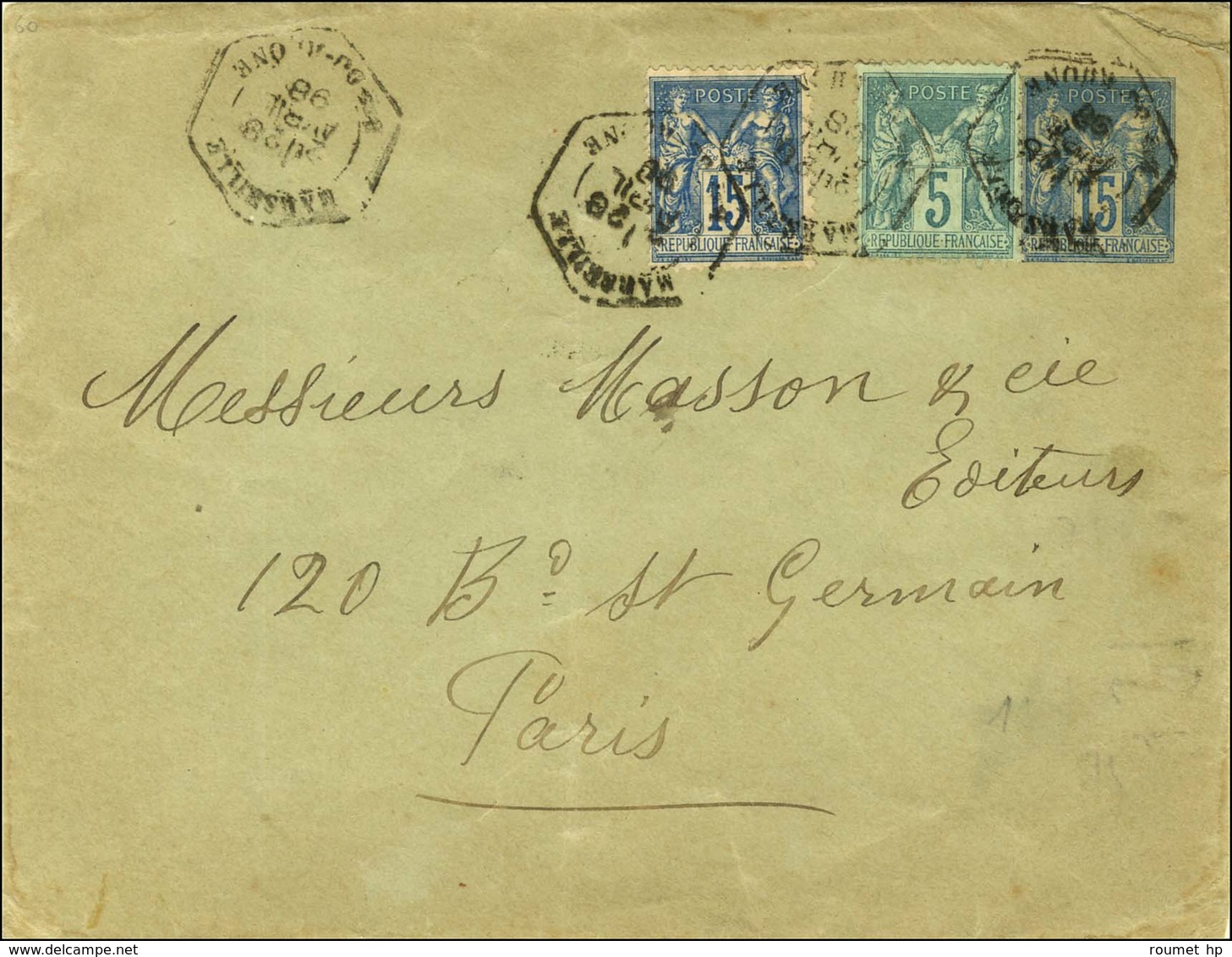 Càd Hexa De Lev. Exp. MARSEILLE / BD DU RHONE 2e Sur Entier 15c + N° 75 + 90. 1898. 1ère Pièce Vue.  - TB. - RR. - Other & Unclassified