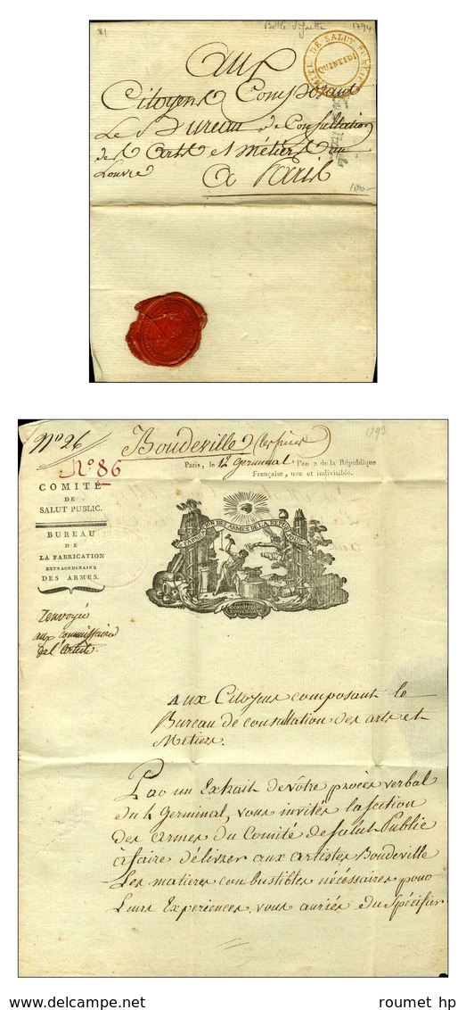 Cachet Rouge COMITE DE SALUT PUBLIC / QUINTIDI (S N° 611) Sur Lettre Avec Belle Vignette Maçonnique Daté De Paris Le 12  - Civil Frank Covers