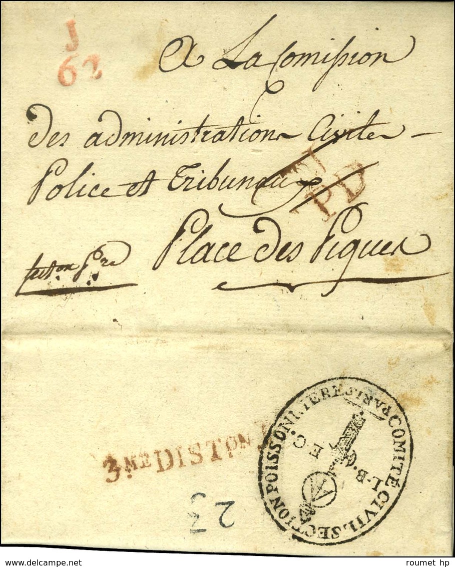 Cachet Orné COMITE CIVIL SECTION POISSONNIERE / L.B.E.C. (S N° 9021 C) Au Verso D'une Lettre Avec Texte Daté Paris Ce 22 - Civil Frank Covers