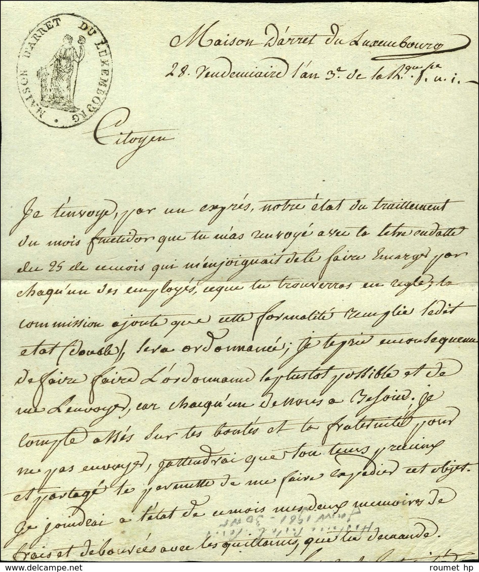 MAISON D'ARRET DU LUXEMBOURG (S N° 9579 B) En Marge D'une Lettre Avec Texte Daté De Paris Le 28 Vendémiaire An 3. - SUP. - Burgerlijke Brieven Zonder Portkosten