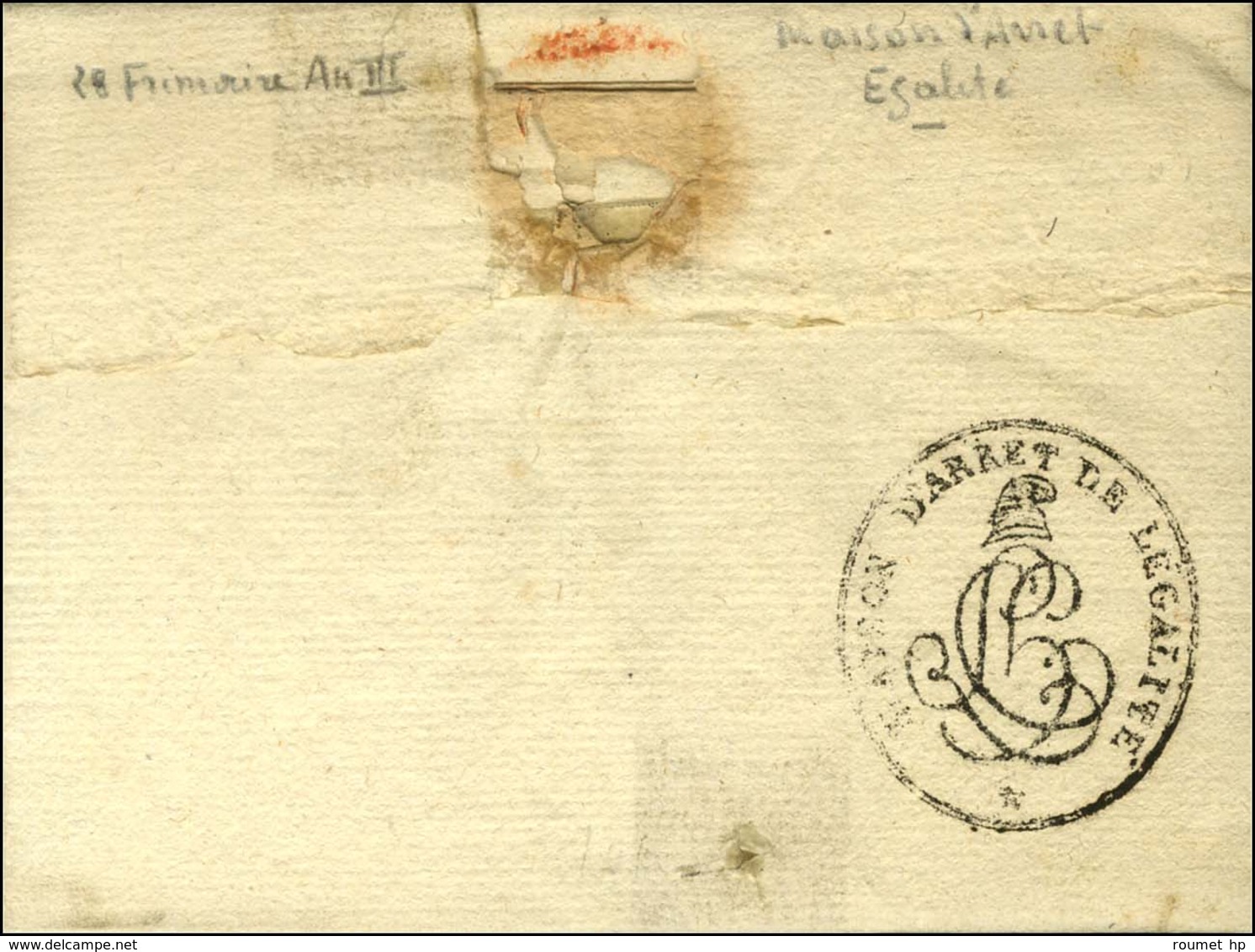 MAISON D'ARRET DE L'EGALITE (S N° 9664) Au Verso D'une Lettre Avec Texte Daté Le 28 Frimaire An 3. - TB / SUP. - Burgerlijke Brieven Zonder Portkosten