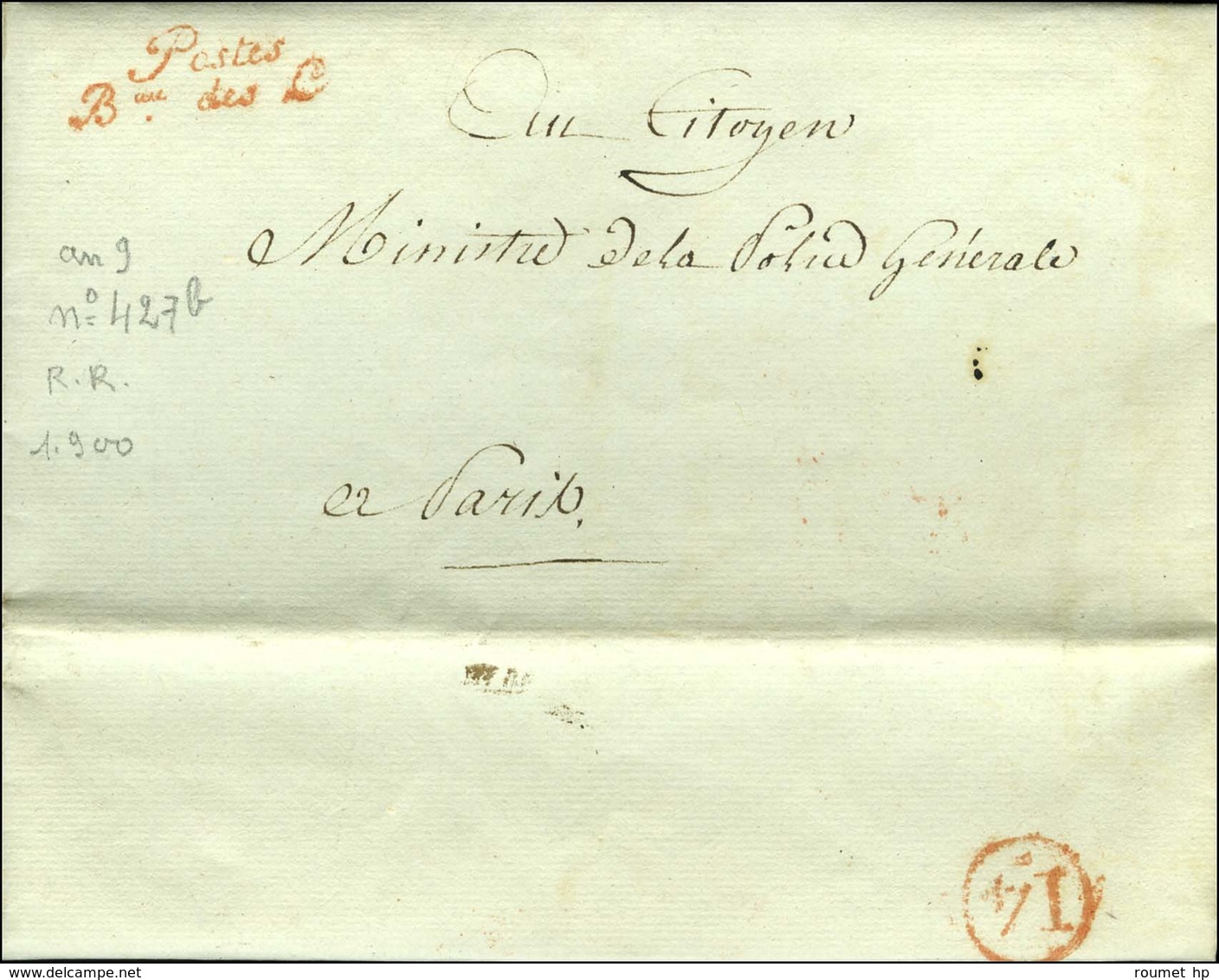 Postes / Bau Des C (rouge) (S N° 1085 B) Sur Lettre Avec Texte Daté An 9. - SUP. - R. - Civil Frank Covers