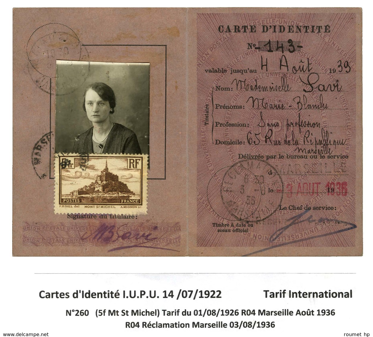 Càd MARSEILLE / N° 260 Sur Carte D'identité UPU 03/08/1936. - TB / SUP. - RR. - Collections