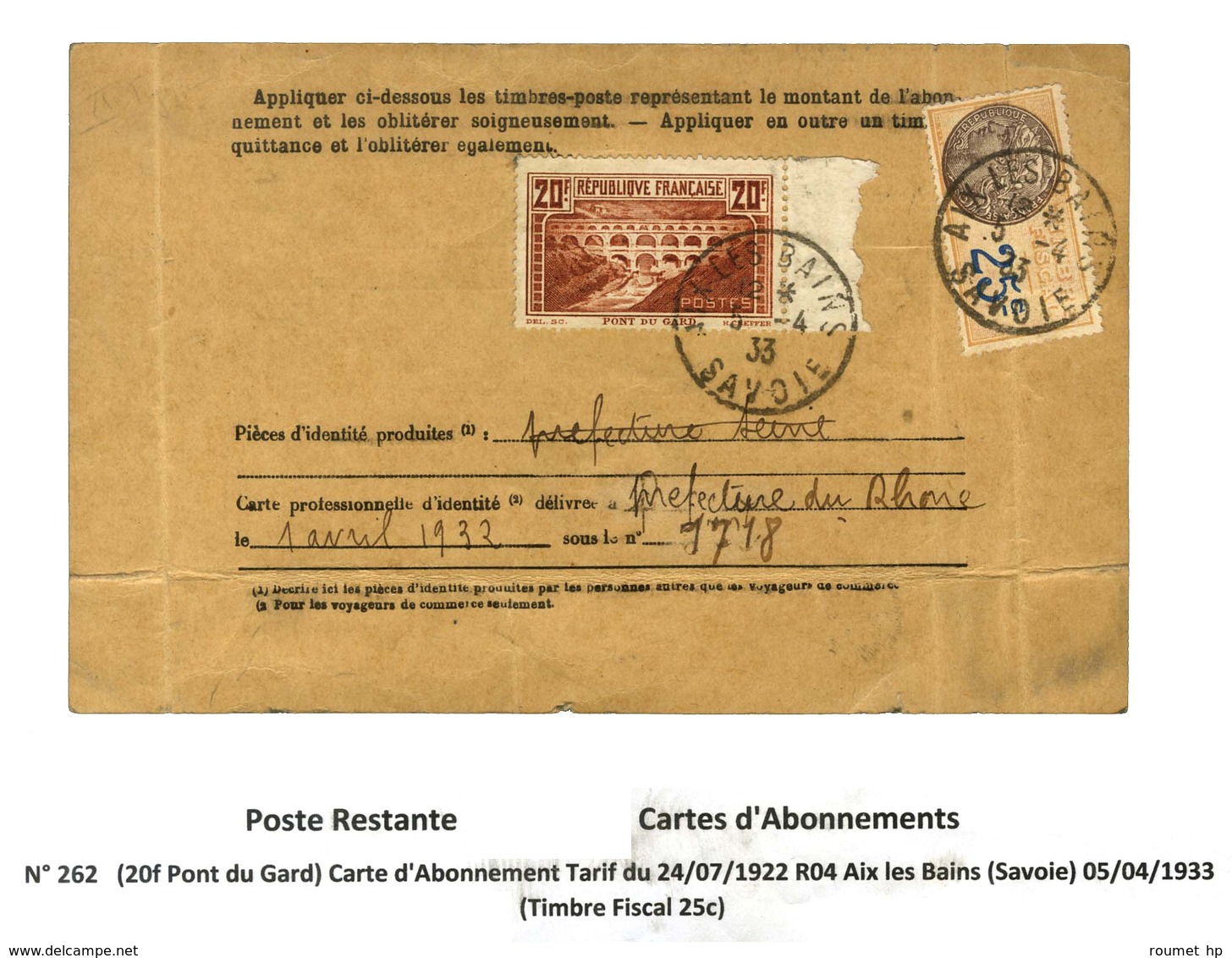 Càd AIX-LES-BAINS / SAVOIE / N° 262 Sur Carte D'abonnement + Timbre Fiscal à 25c. 1933. - TB / SUP. - R. - Collections
