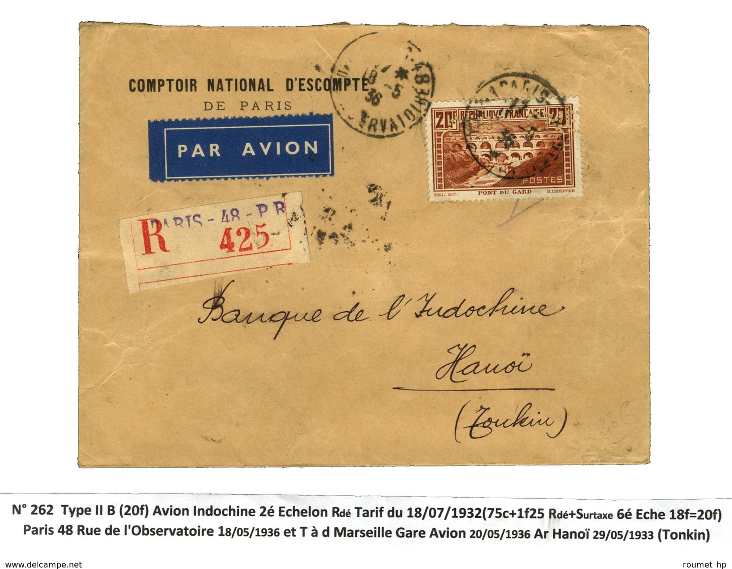 Càd PARIS / N° 262 Type 2b Sur Lettre Recommandée Par Avion Au 2e échelon Pour Hanoï. 1936. - TB. - R. - Collections