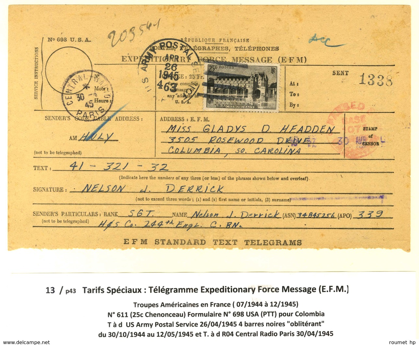 Oblitération / N° 611 Sur Télégramme Expeditionary Force Message. 1945. - TB. - R. - Collections