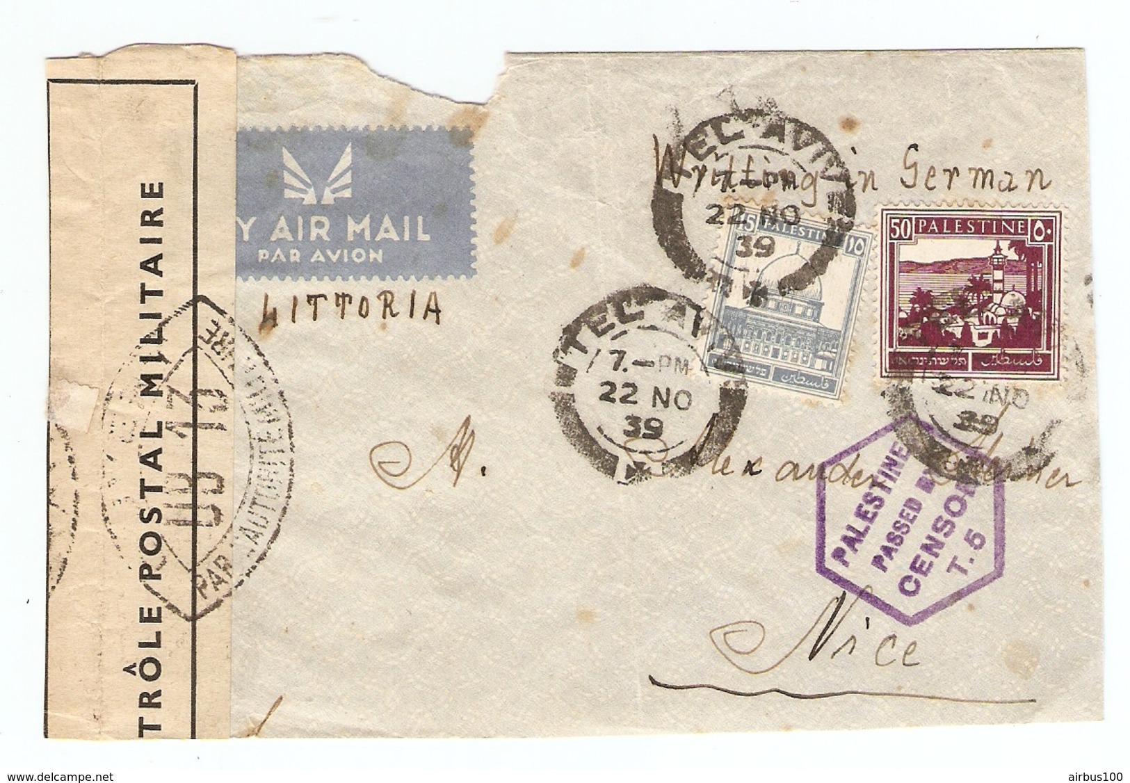 DEVANT DE LETTRE PALESTINE TEL AVIV 1939 POUR NICE FRANCE - PALESTINE PASSED BY CENSOR T 5 - CONTROL POSTAL MILITAIRE - Palestine