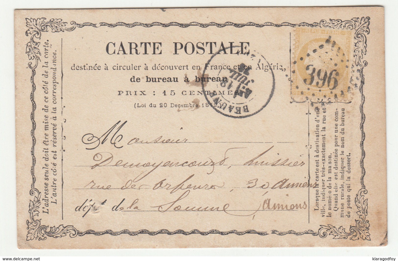 France, Carte Postale Postcard Travelled 187? Beaune Pmk B190201 - 1871-1875 Ceres