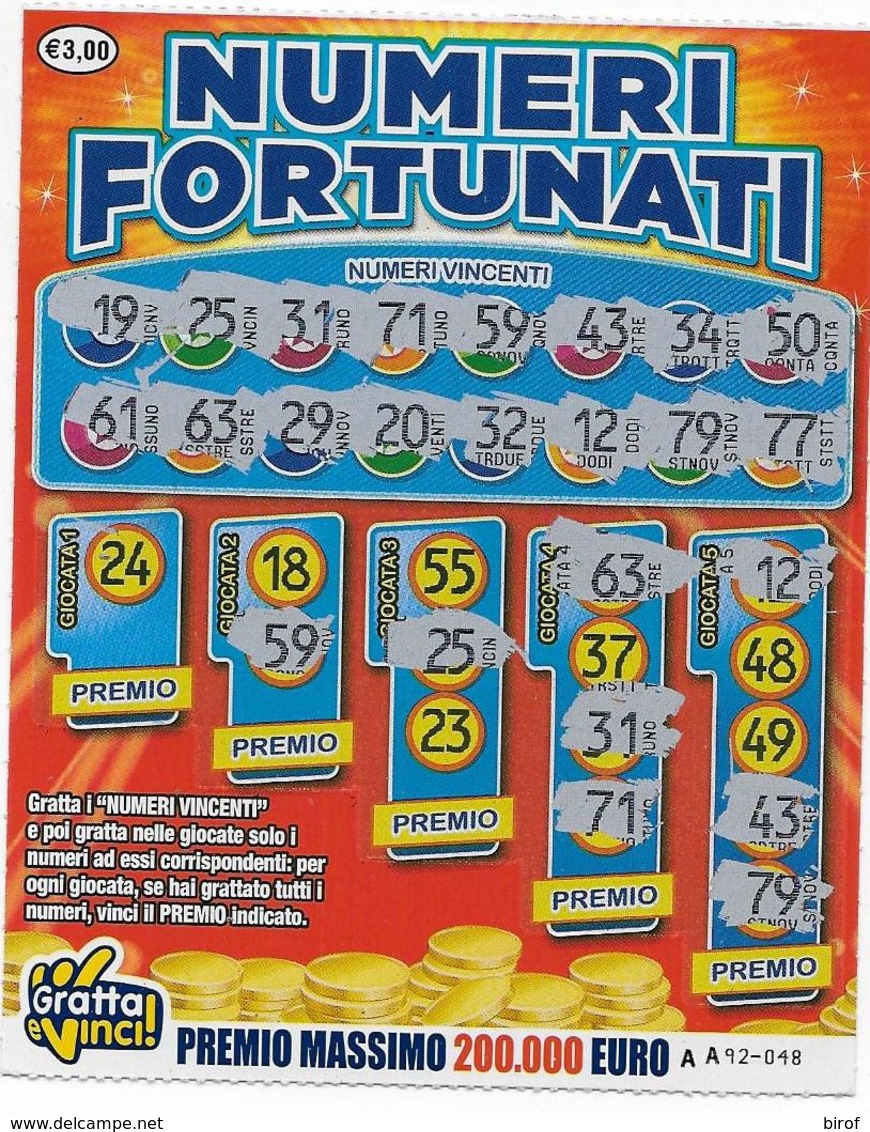 GRATTA E VINCI   - NUMERI FORTUNATI Codice AA NUMERO 24   DA € 3.00 - USATO (SERIE 1) - Biglietti Della Lotteria