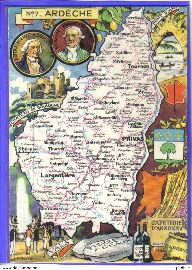 Carte Postale Géographique Par JP Pinchon Département 07. L'Ardèche  Privas    Très Beau Plan - Maps