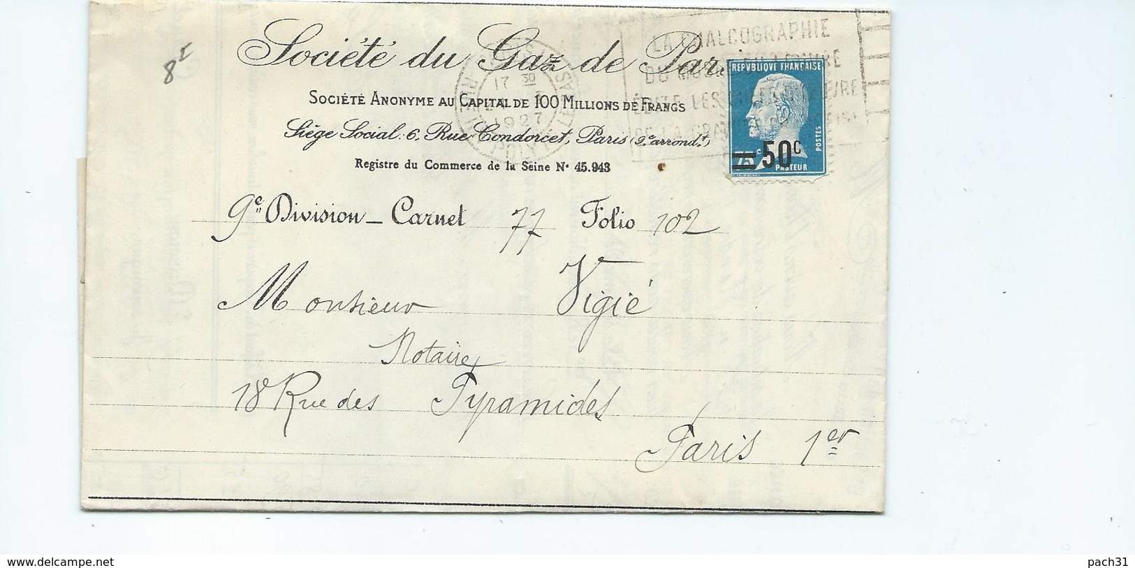 N° YT 219 Sur Lettre De La Ste Du Gaz De Paris Pour Paris 1927 - 1921-1960: Modern Period