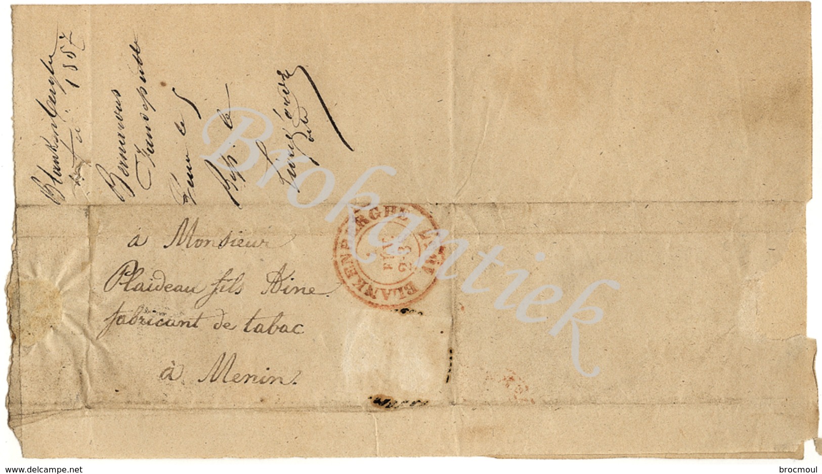 Bernardus VANDEPITTE Uit Blankenberge, Gelopen Brief,order Voor Tabak  Aan PLAIDEAU Fils Ainé à Menin 4 Februarius 1857 - 1800 – 1899