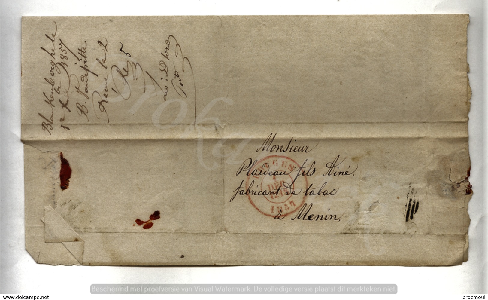 Bernardus VANDEPITTE Uit Blankenberge, Gelopen Brief Met Order Voor Tabak  Aan PLAIDEAU Fils Ainé à Menin  18 July  1857 - 1800 – 1899