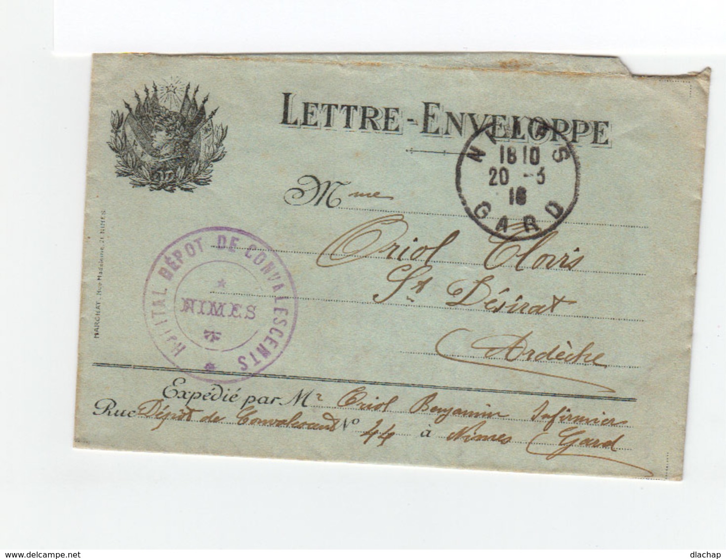 Lettre Enveloppe Aves Cachet De L'hôpital Dépôt Se Convalescents Nîmes. CAD N^mes Mars 1916. (1066x) - Guerre De 1914-18