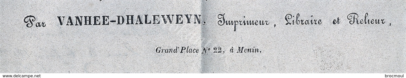 VANHEE-DHALEWEYN  Imprimeur Grand Place 22 à Menin, Facture  Fourni à La Fabrique De MR PLAIDEAU Fils Ainè 1857 - 1800 – 1899