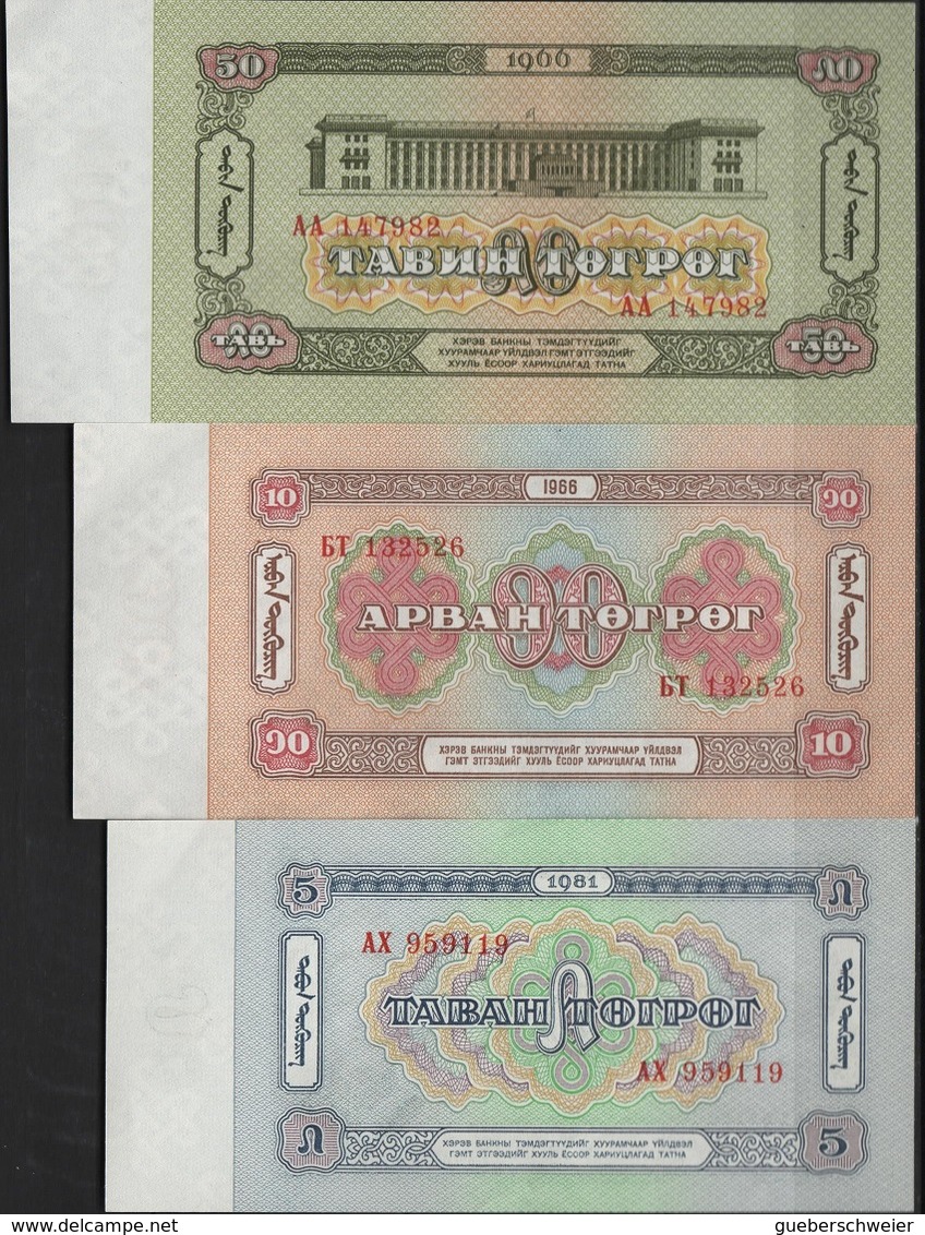 B 80 - MONGOLIE Lot De 3 Billets De 5 10 Et 50 Tugrik De 1966 états Neufs - Mongolie