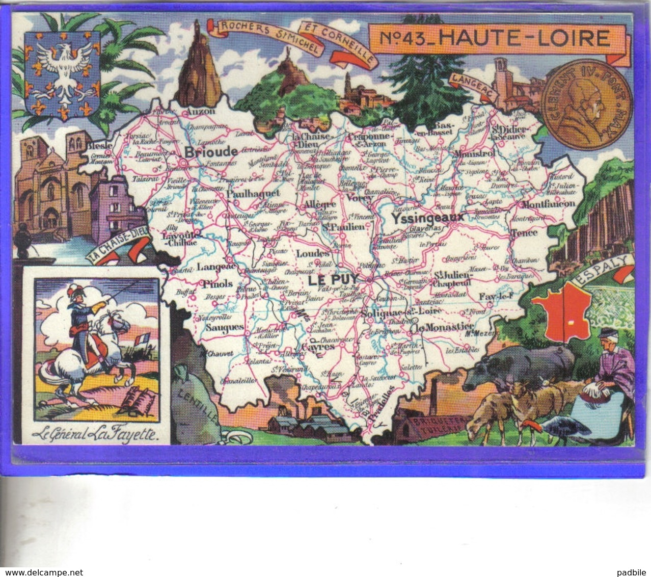 Carte Postale Géographique Par JP Pinchon Département 43. Haute-Loire  Le Puy  Très Beau Plan - Cartes Géographiques