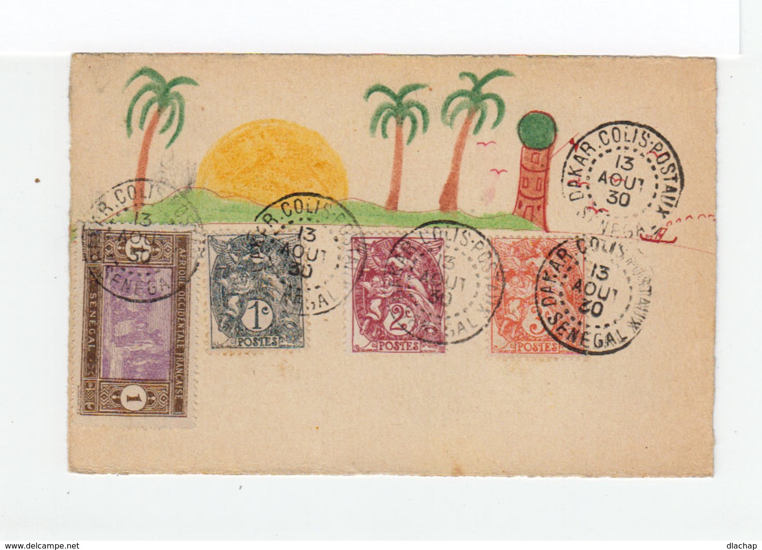 Sur Carte Avec Dessin Naïf 3 Types Blanc Et Un Timbre Sénégal Oblitérés Dakar Colis Postaux Sénégal 1930. (1069x) - Lettres & Documents