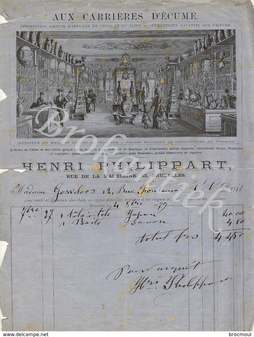 AUX CARRIERES D'ECUME   HENRI PHILIPPART Rue De La Madeleine 53  Bruxelles Facture à Mme GORVELOOS  Le 4 Oct 1879 - 1800 – 1899