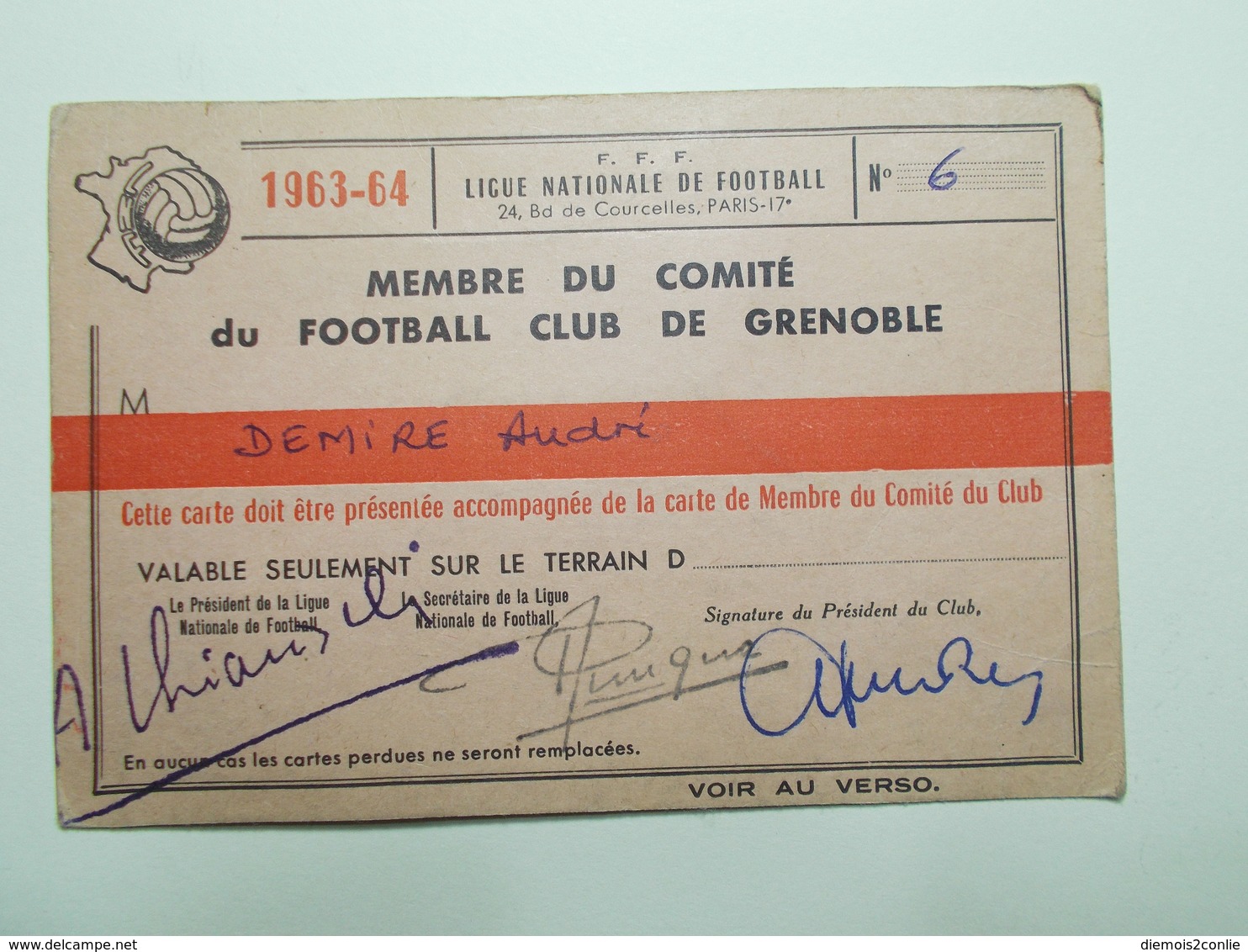 Document Carte Membre Comité Football Club Grenoble 1963/1964 (51/52) - Non Classés