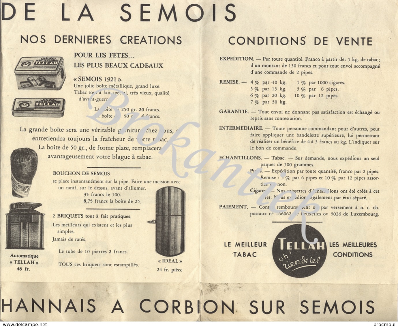 TELLAH Tabac du Semois ,depliant/affiche avec les différents Tabacs Cigares,Cigarettes,Pipes DOHANNAIS CORBION +/- 1921