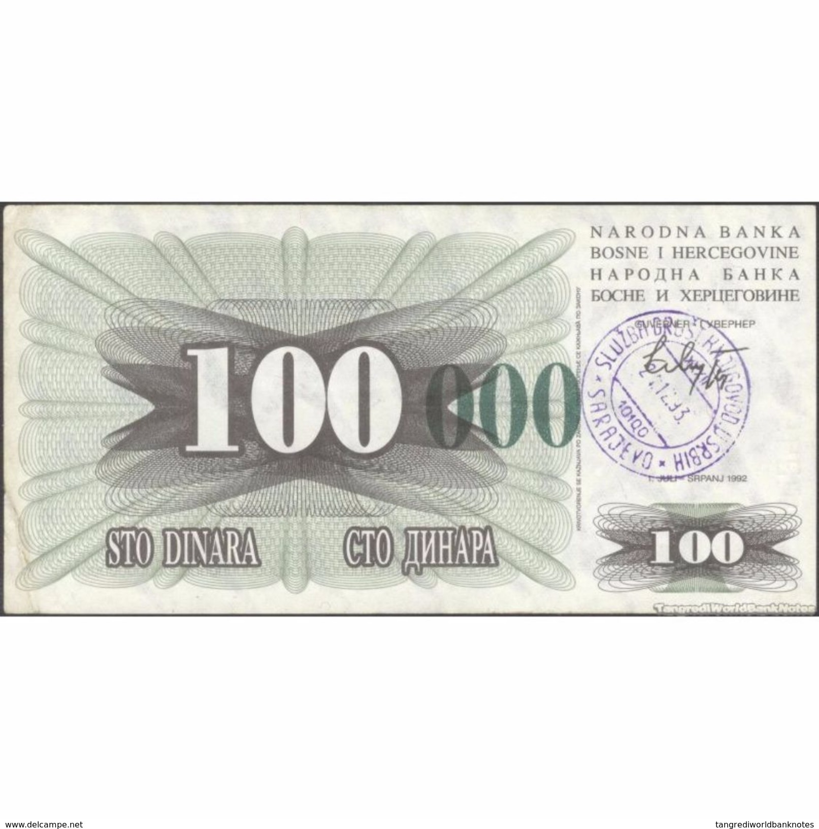 TWN - BOSNIA-HERZEGOVINA 56i - 100.000 Dinara 1993 (1992) Handstamp Date 24.12.1993 - SARAJEVO - Tall Green Zeroes VF - Bosnia Erzegovina