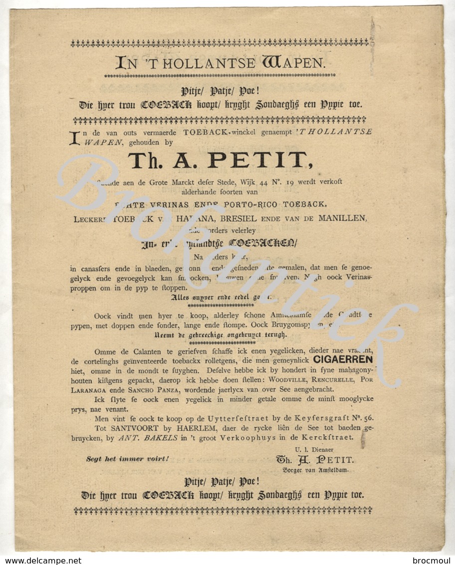 In 'T HOLLANTSE WAPEN   Th.A.PETIT   AMSTERDAM  Folder/publiciteit  In Oud Nederlands  Voor Tabak-cigaren Etc. 18901900 - Pays-Bas