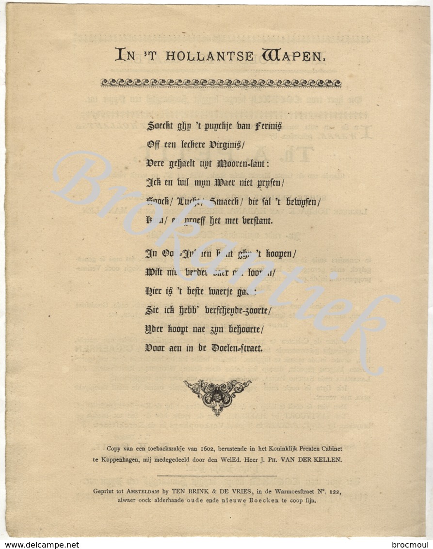 In 'T HOLLANTSE WAPEN   Th.A.PETIT   AMSTERDAM  Folder/publiciteit  In Oud Nederlands  Voor Tabak-cigaren Etc. 18901900 - Netherlands