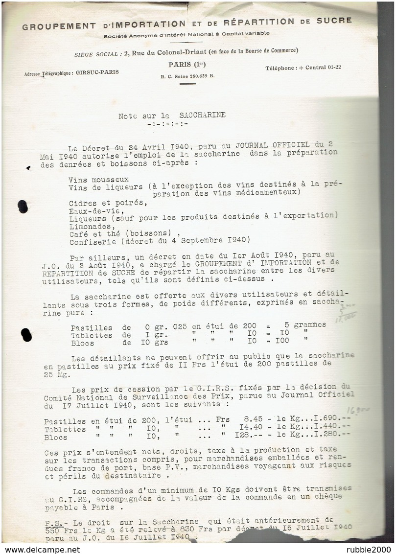 NOTE SUR LA SACCHARINE 1940 REGLEMENTATION TAXE RATIONNEMENT AU JOURNAL OFFICIEL SUCRE WWII - 1900 – 1949