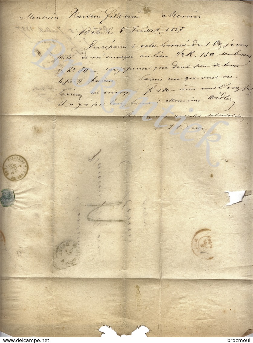 J.J. BUSEZ  BÄLE  Lettre Concernant Tabac à PLAIDEAU  Fils Ainé  Letrre Couru  Départ BASEL 05 Juillet 1857 - Suisse