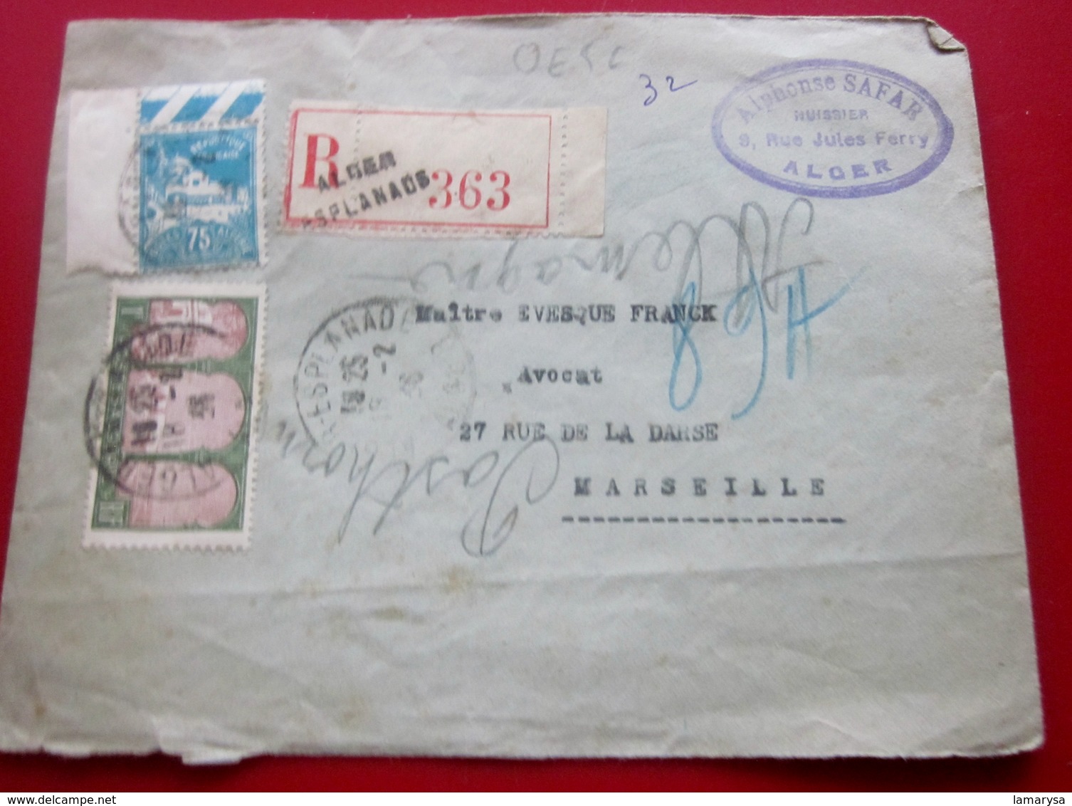 1936 Lettre Recommandé Alphonse Safar Alger Esplanade / Marseille France (ex-colonies Algérie Lettre Document -Judaica - Lettres & Documents