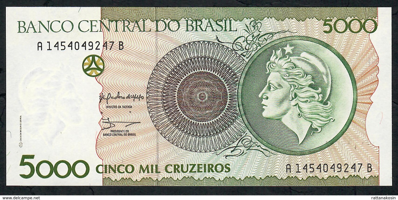 BRAZIL P227 5000 CRUZEIROS (1990) #A1454------A Signature 15    UNC. - Brésil