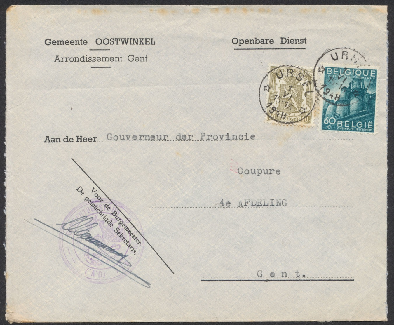 Propagande Pour L'exportation Belge - N°761 Sur Lettre (Oostwinkel) Obl Relais "Ursel" (1948) Vers Gent. TB - 1948 Export