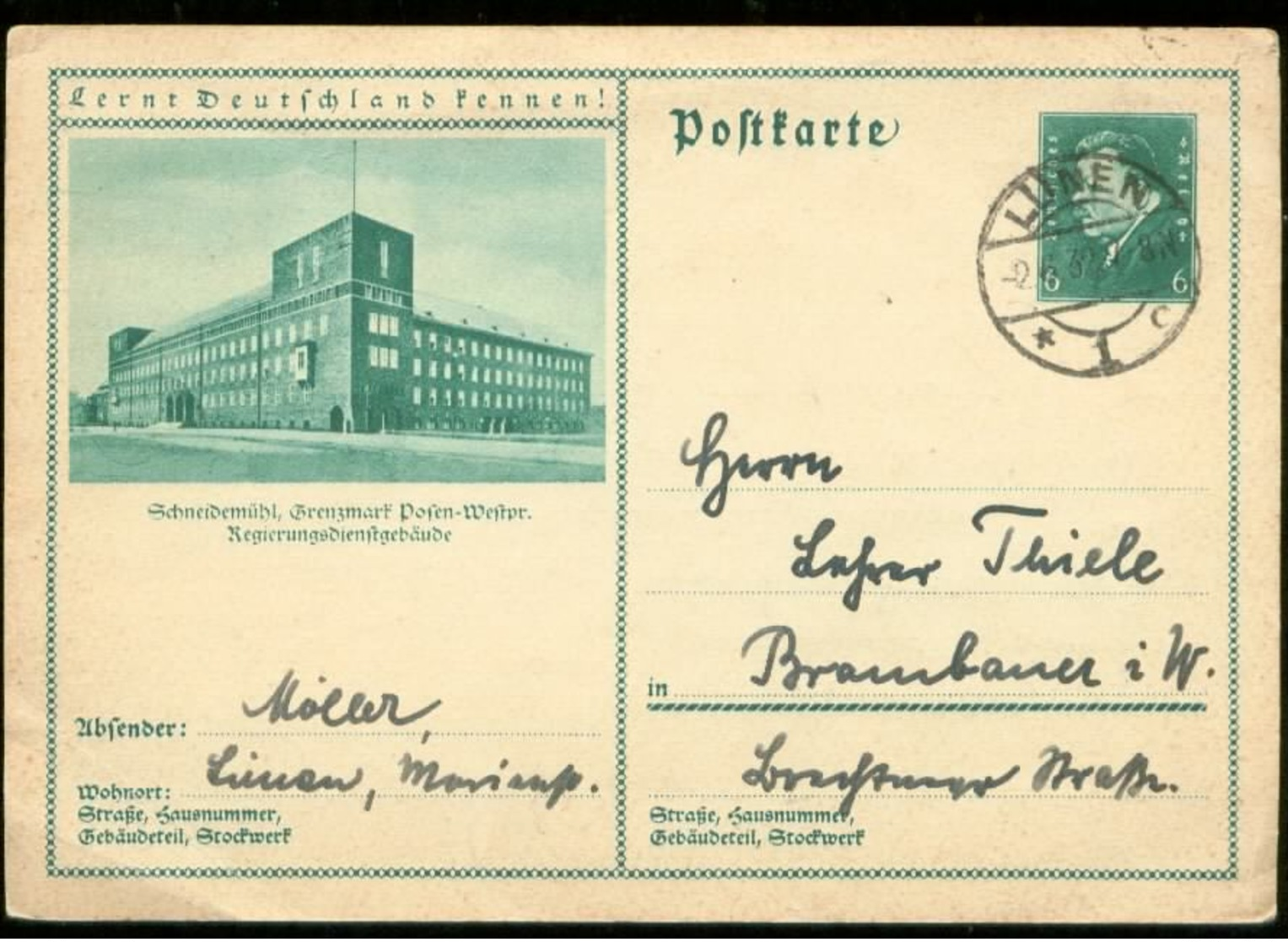 S7495 - DR GS Postkarte Mit Bild Schneidemühl Posen: Gebraucht Lünen - Brambauer 1932 , Bedarfserhaltung. - Sonstige & Ohne Zuordnung