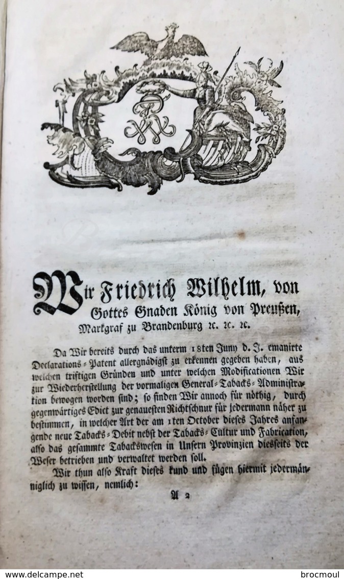 Edict, General Tabacs Administration Von FRIEDRICH WILHELM  Von Gottes Gnaden König Von PreuBen BERLIN 1797 - Gesetze & Erlasse