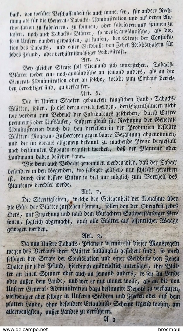 Edict, General Tabacs Administration von FRIEDRICH WILHELM  von Gottes Gnaden König von PreuBen BERLIN 1797