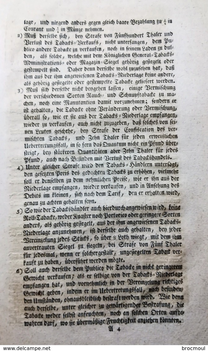 Edict, General Tabacs Administration von FRIEDRICH WILHELM  von Gottes Gnaden König von PreuBen BERLIN 1797