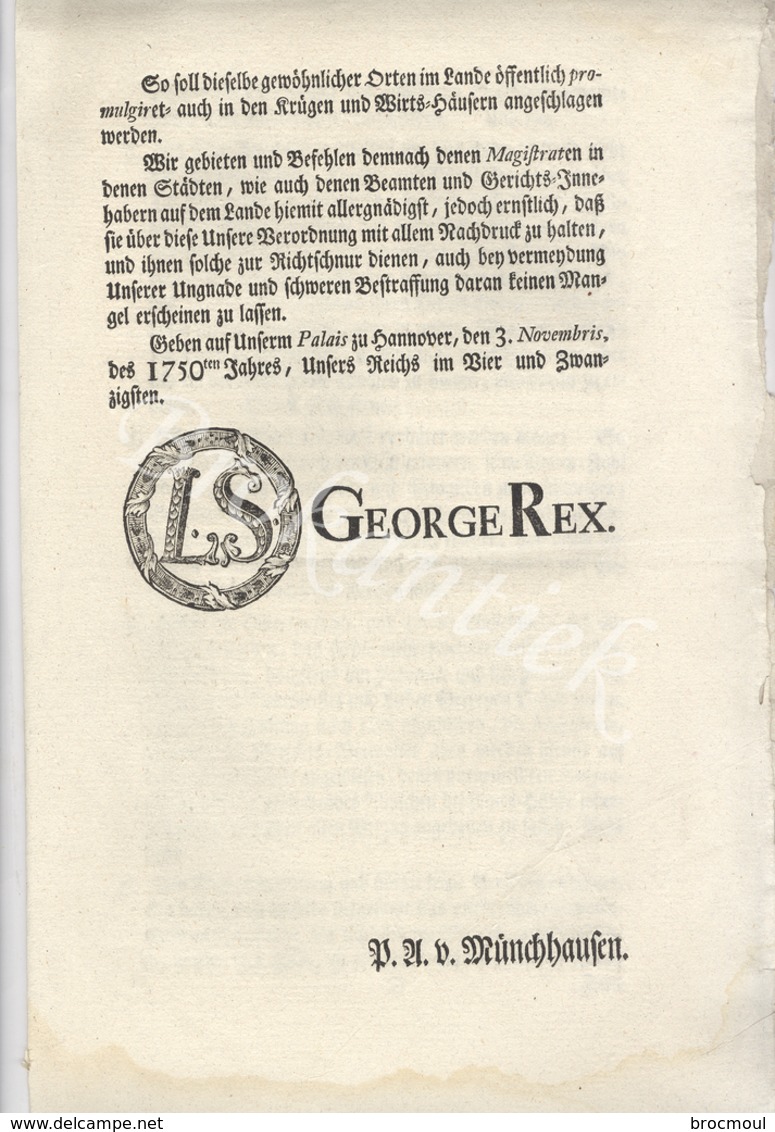 Edict, Tabacs- Und Pfeiffen Importes  Sir GEORG DER ANDERE  König Von GroB Brittannien , Frankreich Und Ierland   1750 - Gesetze & Erlasse