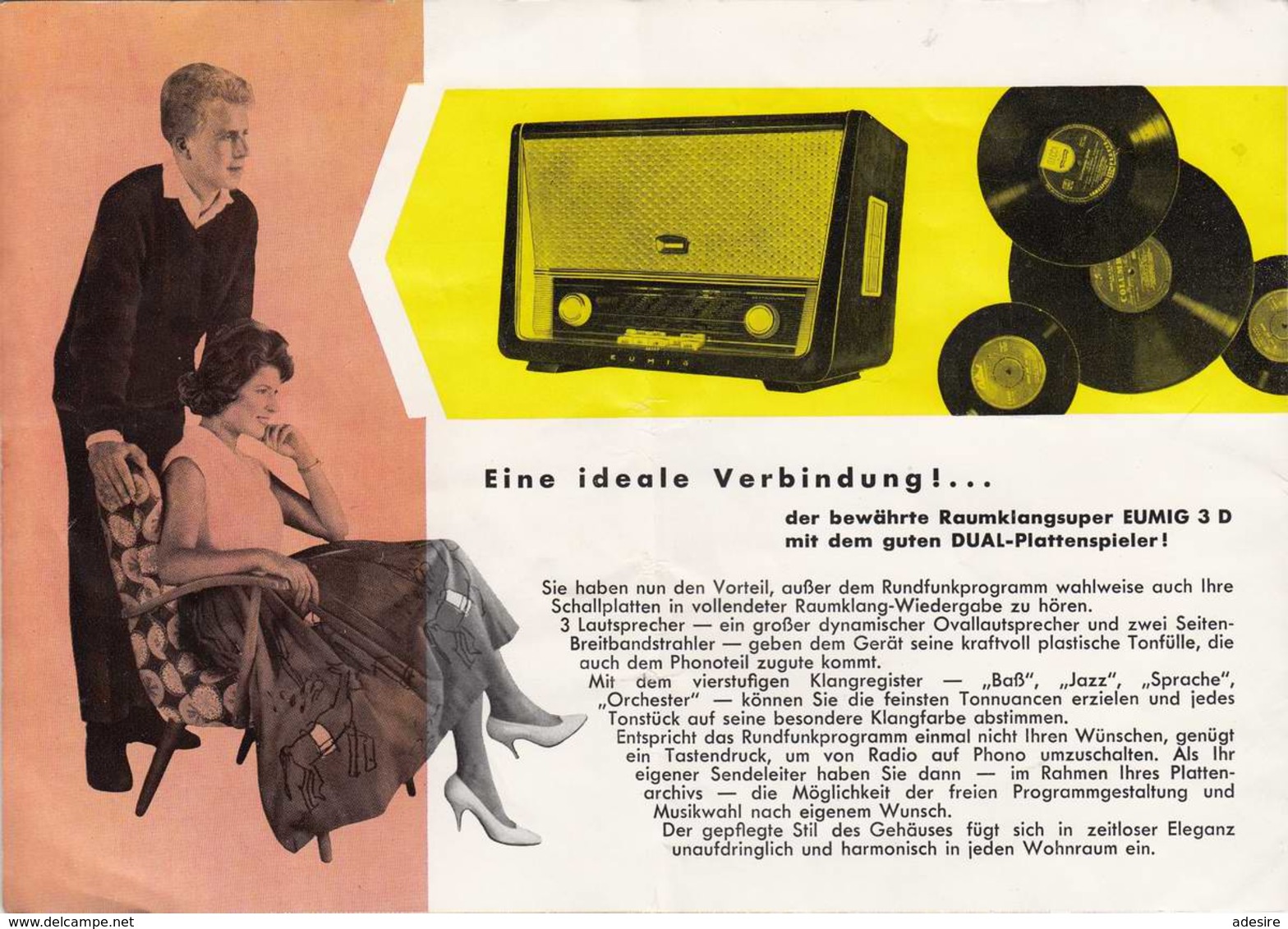 Alte EUMIG WERBUNG - Eumig Phono 3 D - Raumklang-Super Mit Eingebautem Plattenspieler - Werbung