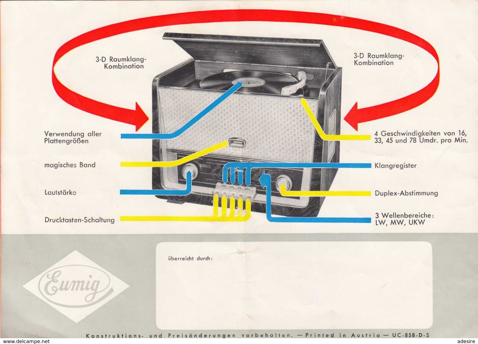 Alte EUMIG WERBUNG - Eumig Phono 3 D - Raumklang-Super Mit Eingebautem Plattenspieler - Werbung