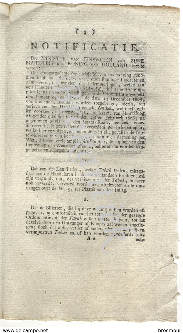 HOLLAND Notificatie Van Den Minister Van Financien   Genaamd Alexander GOGEL Te  DEN HAAG 5 DECEMBER 1806 - Decreti & Leggi