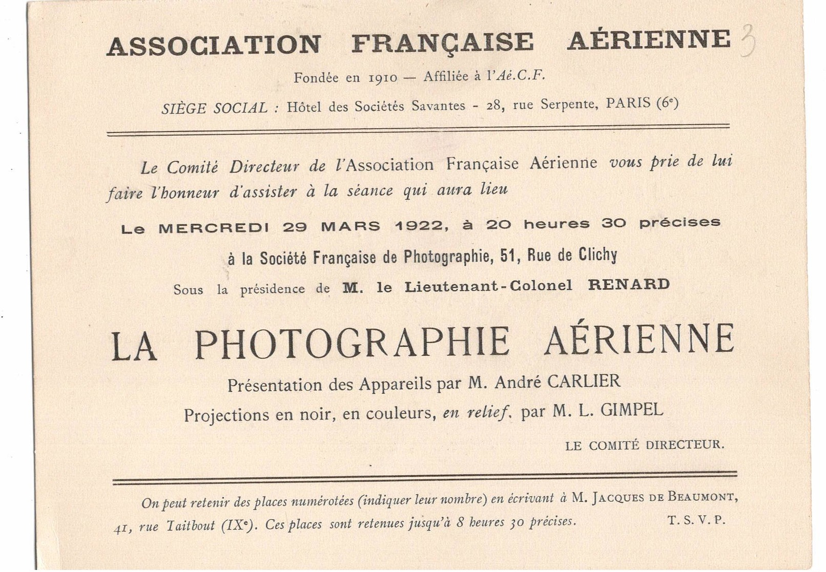 AVIATION: Asociation Française Aérienne- Mars 1922 . Thème  "la Photographie Aérienne" - Non Classés