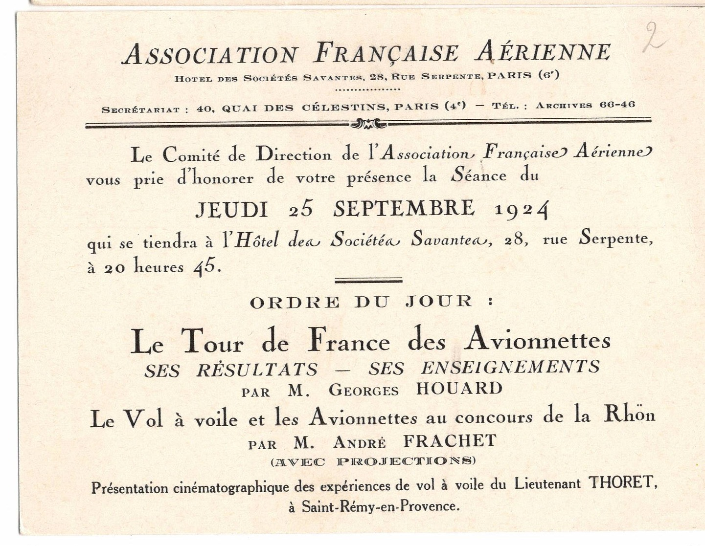 AVIATION: Asociation Française Aérienne- Sept 1924 . Thème  "le Tour De France Des Avionnettes" - Non Classés