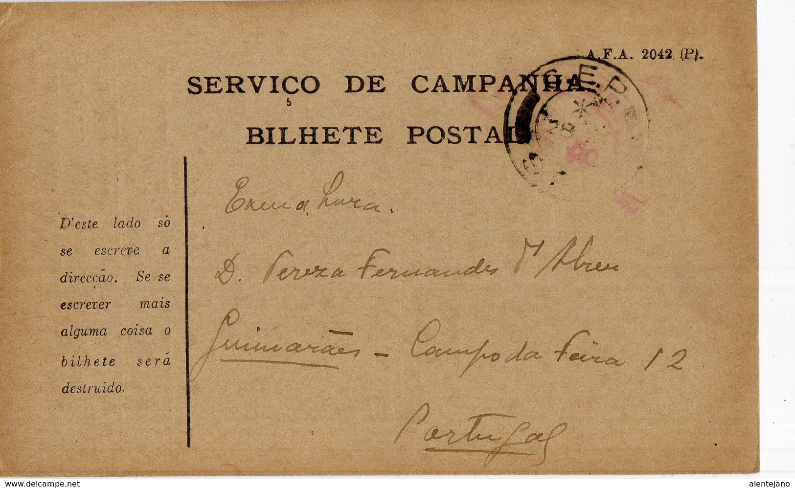 Portugal 28-IX-1918 - Bilhete Postal Serviço De Campanha - C.E.P - Corpo Expedicionário Português - Briefe U. Dokumente